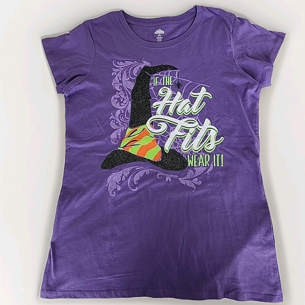 Witch "If The Hat Fits...Wear It!" Large Purple Graphic Tee Halloween Whimsical